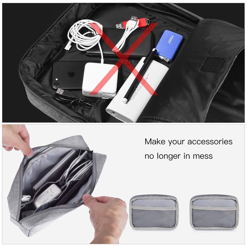 Portable Electronics Accessories Storage Bag, 2PCS Big + Small Carrying Case Travel Cable Organizer Cosmetic Bag Pouch Compatible Hard Drive, Power Bank, Mouse, Laptop Charger, Cellphone, Gray