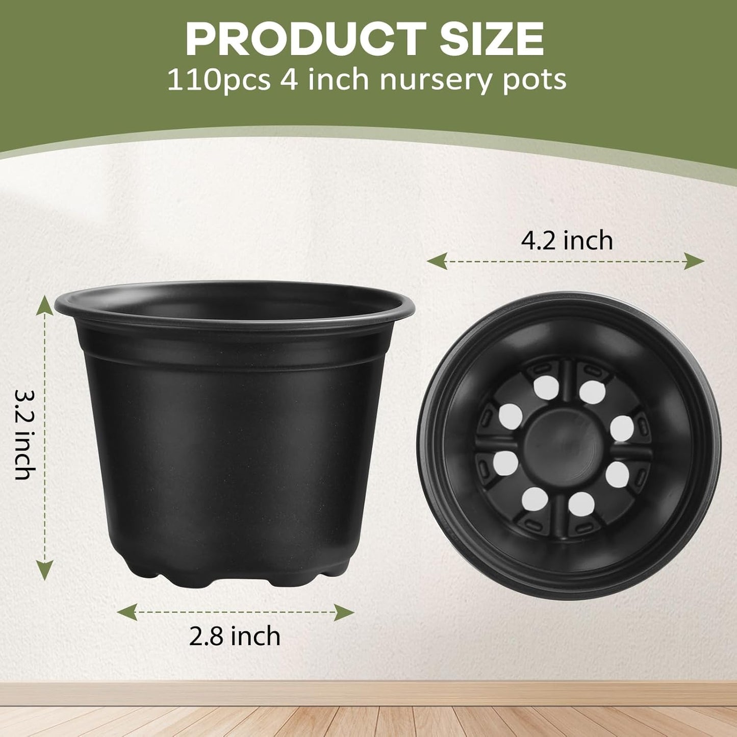 Nursery Pots - 110 Pack Plastic Plant Pots with Drainage Holes | 4, 5, 6 Inch Seedling Starter Pots for Succulents