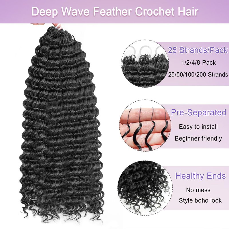 Deep Wave Crochet Hair Extensions - 100 Strands Knotless Curly Hair for Black Women | 18 Inch, Color 1B
