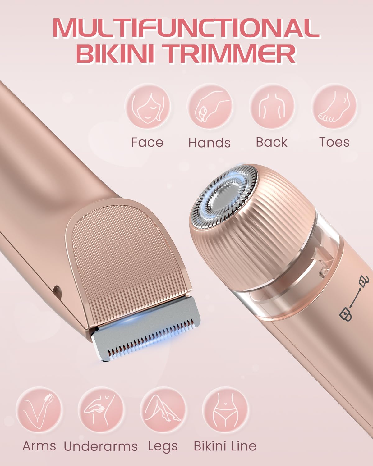 Bikini Trimmer for Women, Painless Dual Head Shaver for Sensitive Skin, IPX7 Waterproof for Safe Shower, USB-C, Detachable Head, Portable 2 in 1 Electric Razors for Pubic Hair, Rose Gold