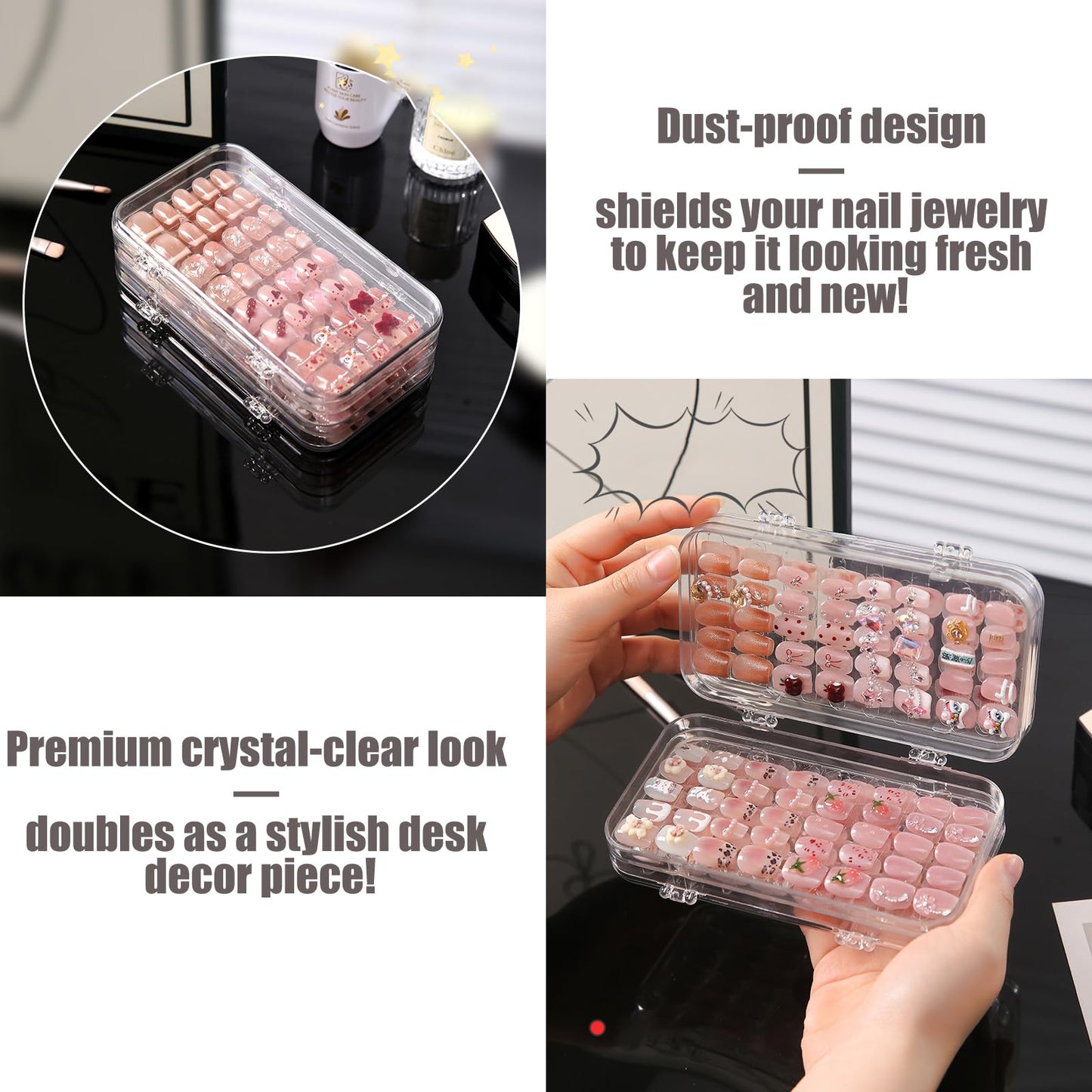 Oskrieel Tri-Fold Press On Nail Organizer Case - 4-Page Portable Storage Box for Fake Nails, Clear PET Plastic Travel Holder (6×3.2×1.8 inch)