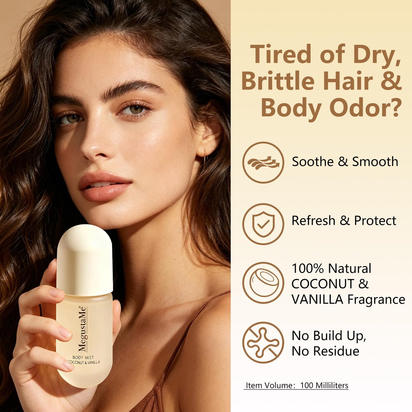 MegustaMe Coconut Vanilla Body & Hair Spray for Women, Long-Lasting Fresh Fragrance, Paraben-Free & Phthalate-Free, 2-in-1 Hair & Body Mist, 3.38 fl oz (100ml)