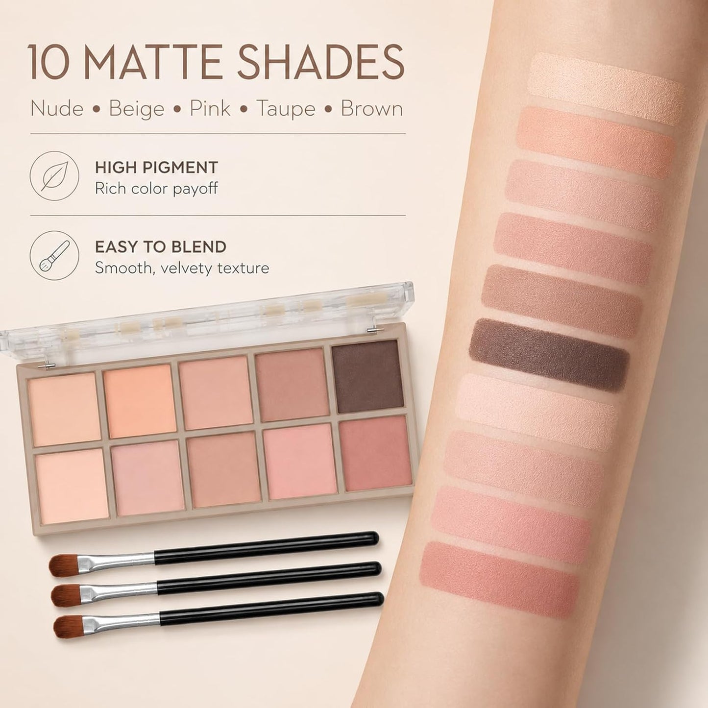 Eyeshadow Palette - 10 Color Blendable High Pigment Shades | Long-Lasting Matte for Smokey Looks