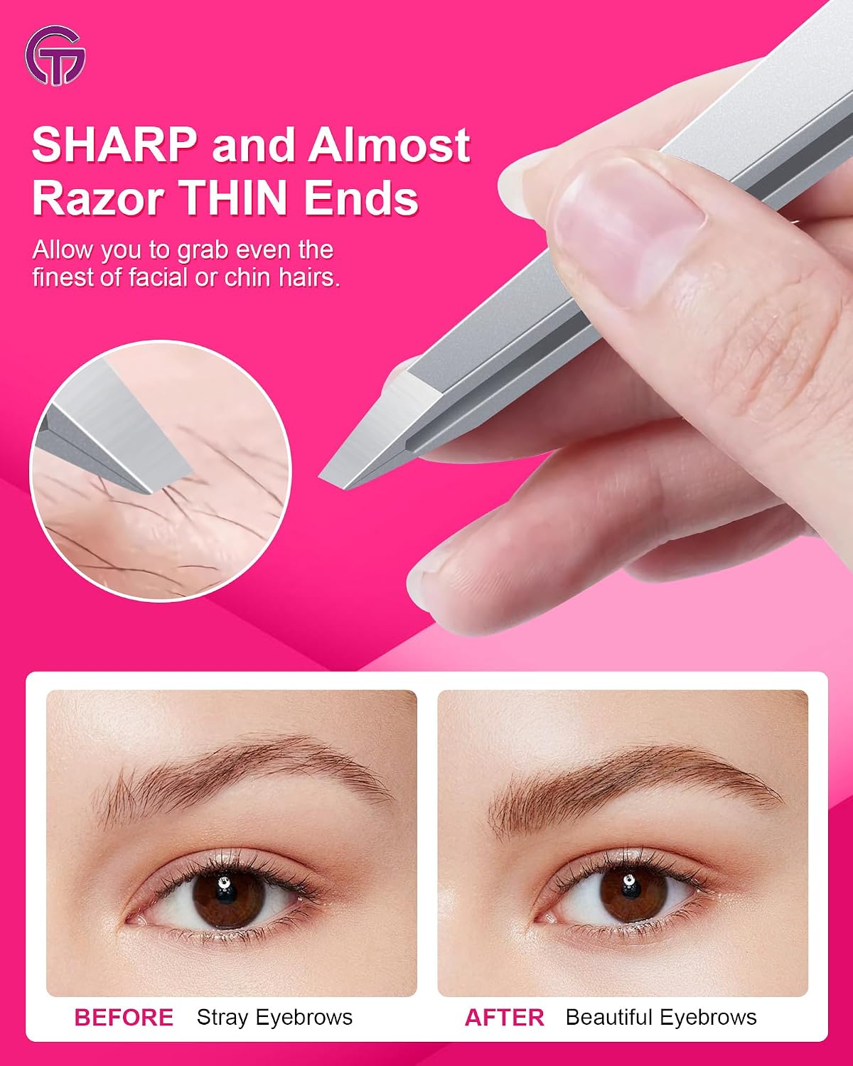 Expert Slant Tip Tweezers - Precision Stainless Steel for Eyebrow & Facial Hair Removal | Includes Leather Case (Silver)