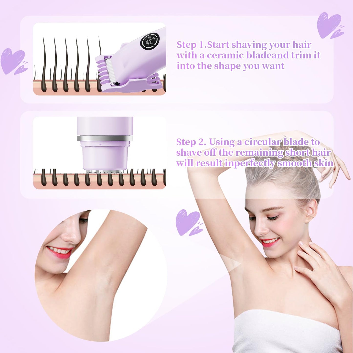 BBDYOY Bikini Trimmer for Women - 4 in 1 Women Electric Shaver Dual Head IPX7 Waterproof Wet & Dry Use Body Hair Trimmer and Facial Hair Remover for Bikini Underarm Leg Arm Body Face,Purple