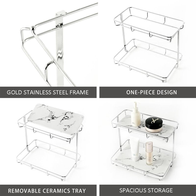 Bathroom Organizer Countertop Perfume Organizer Makeup Organizer Cosmetics Storage Display Rack Vanity Tray Dresser Stainless Steel Gold Shelf White Marble Ceramic Tray (2 Tier L-Sliver)