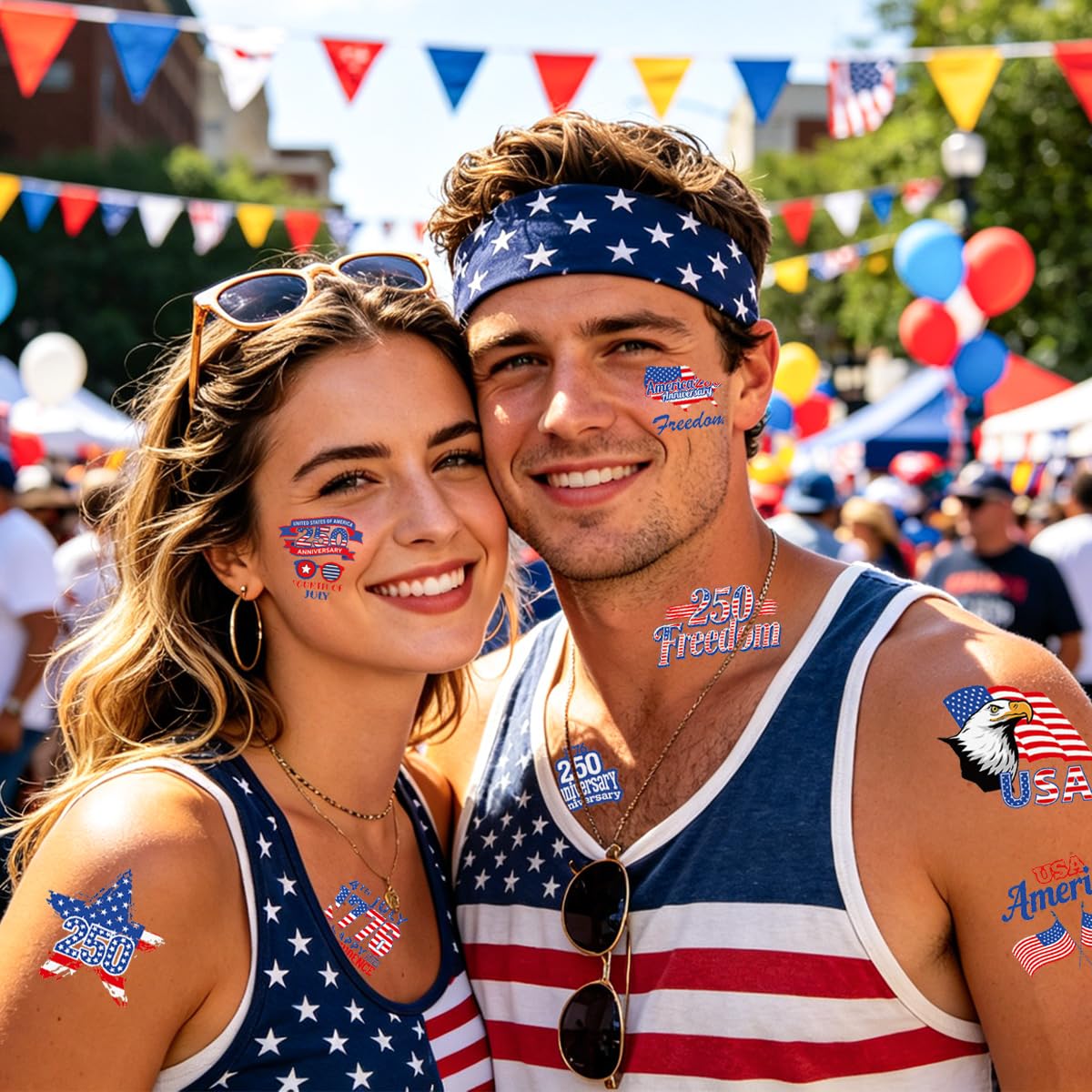 50Pcs 250th Independence Day Temporary Tattoos, Patriotic 4th of July Temporary Tattoos Stickers, Red White Blue Decorative Designs for Kids and Adults, Suitable for Parades and School Celebrations(C)