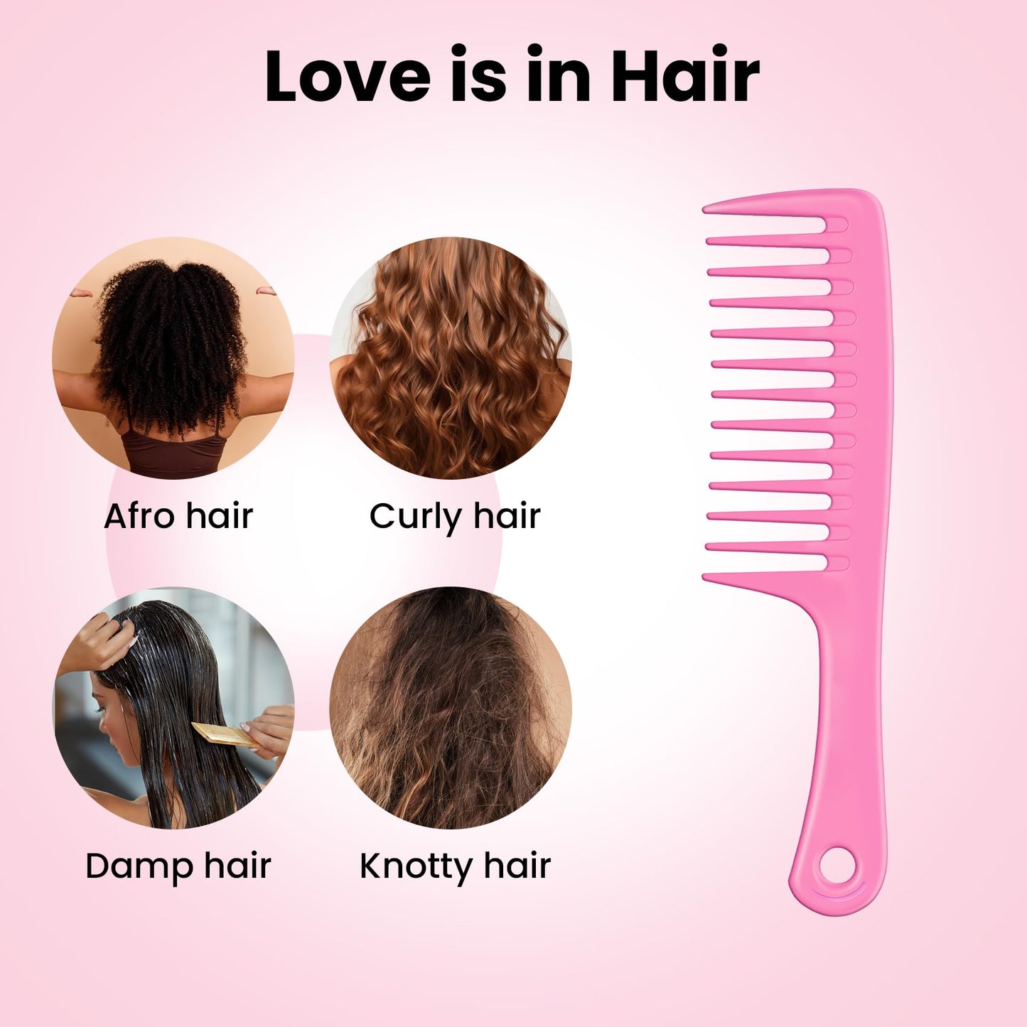 Wapodeai Wide Tooth Hair Comb, Large Detangling Styling Comb for Women & Men, Hair Brush for Curly, Wet, Dry, Thick Hair Types (Pink)