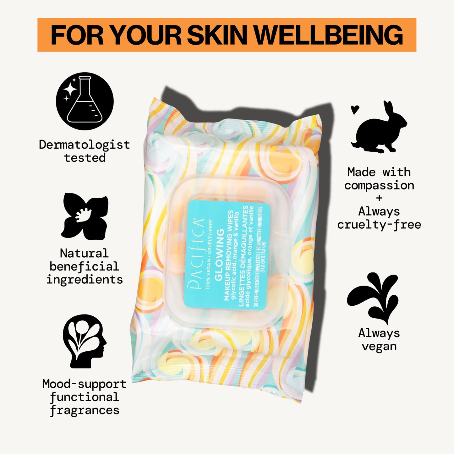 Pacifica, Glowing Makeup Remover Wipes - with Glycolic Acid for AHA Exfoliating and Facial Cleansing - No Rinse Face Cleaning Towelettes - Dermatologist Tested, 30 Count