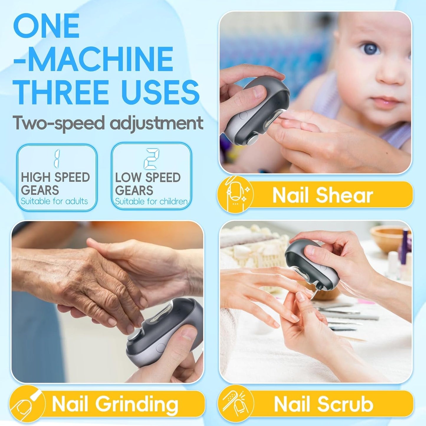 Electric Nail Clipper - 3 in 1 Trimmer & Polisher with LED Light | USB Rechargeable, 2 Speed for Babies & Seniors