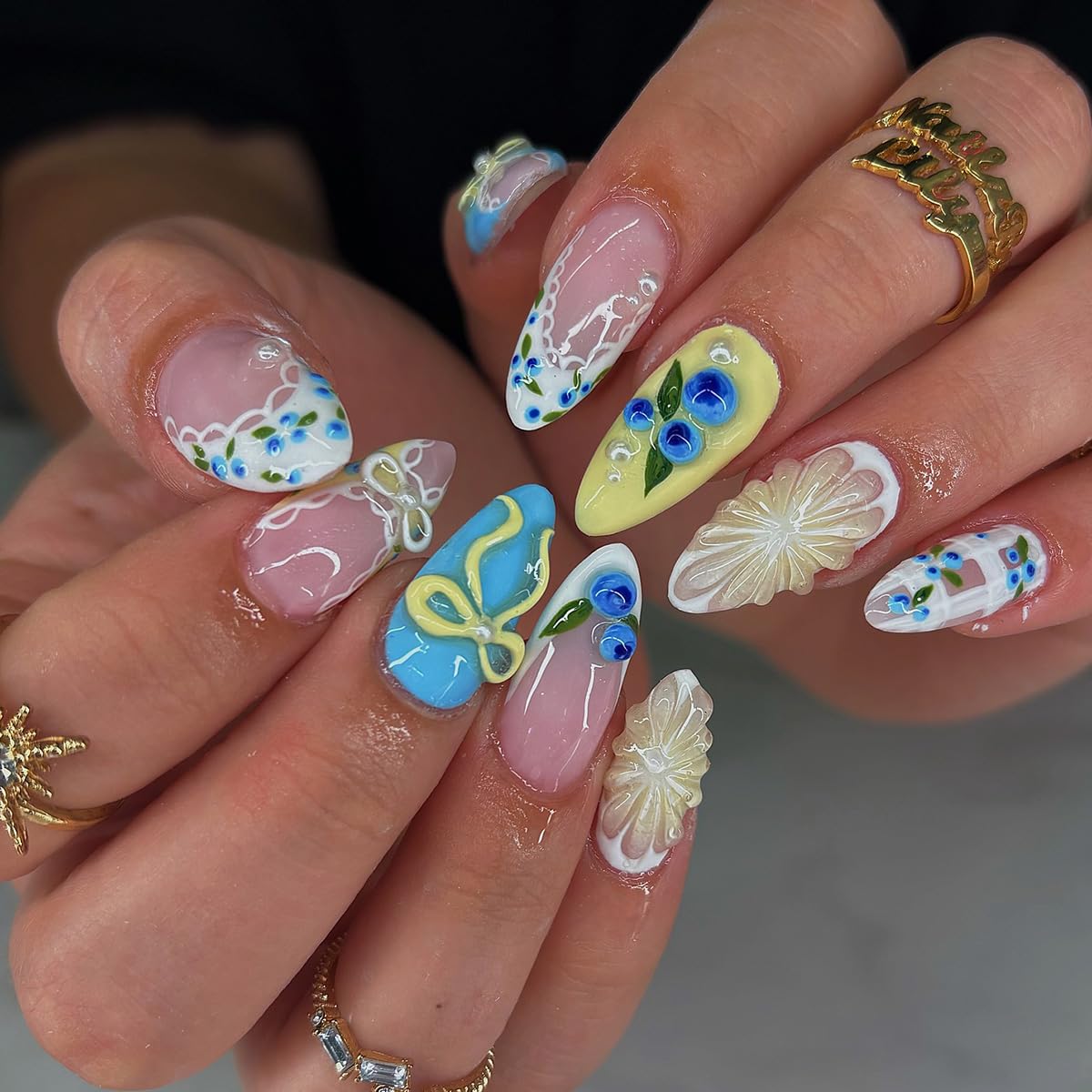 30Pcs Summer Press-On Nails - Medium Almond 3D Blueberry Lemon Design | Glossy French Tip Reusable Fake Nails for Women