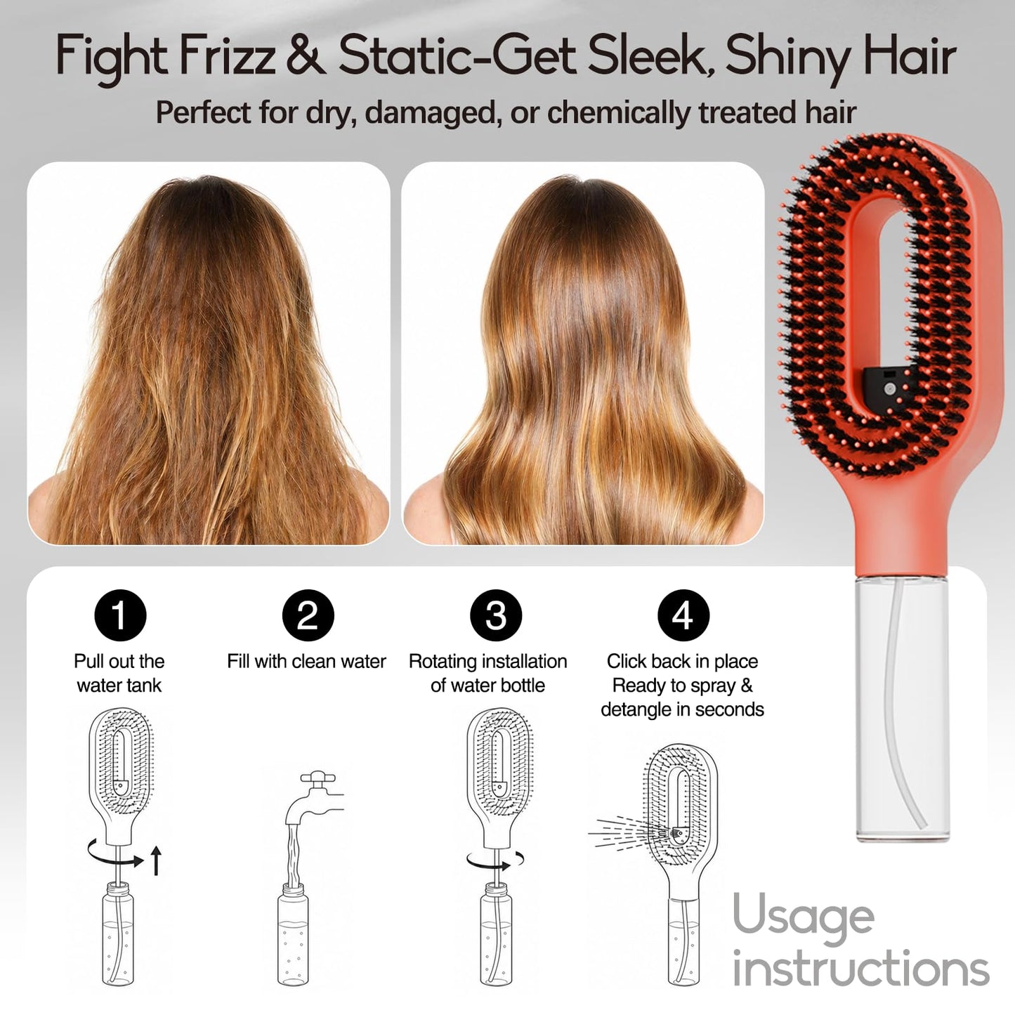 Water Spray Hair Brush with Fine Continuous Mist, Detangling & Smoothing Hair Brush for Frizz, Static & Flyaway Hair, Wet or Dry Hair Styling Brush for Women, Orange