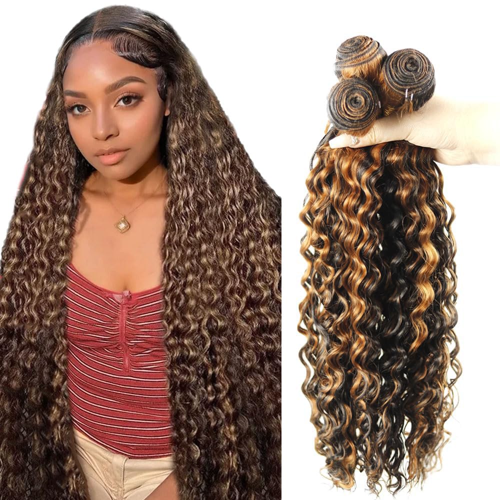 26 28 30 Inch Highlight Deep Wave Bundles P1B/30 Deep Wave Human Hair 3 Bundles Ombre Black and Brown Bundle Unprocessed Virgin Hair Extensions