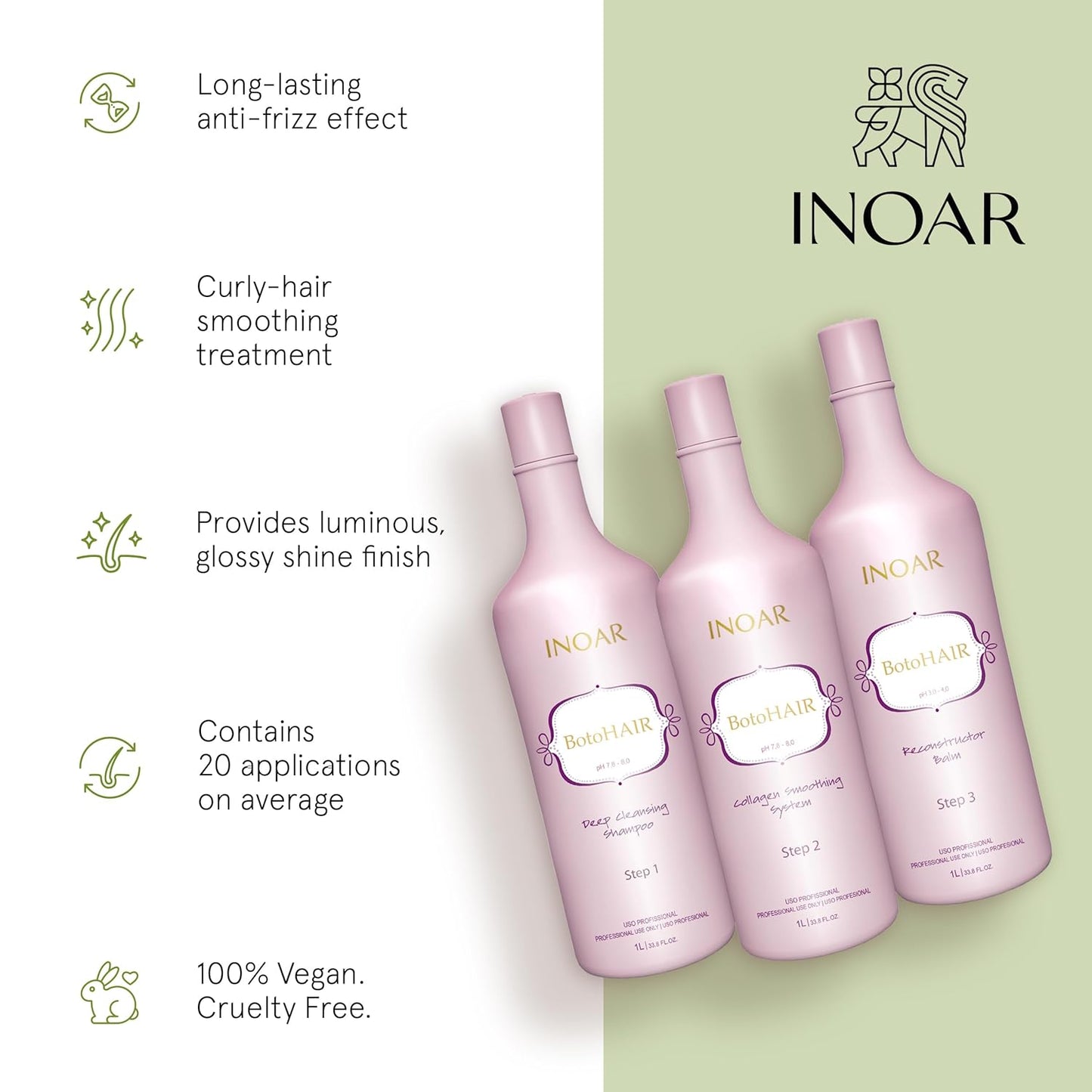 Inoar BotoHair Collagen Smoothing System - Keratin Deep Cleansing Shampoo & Reconstructor Balm | 33.8 Fl Oz Each
