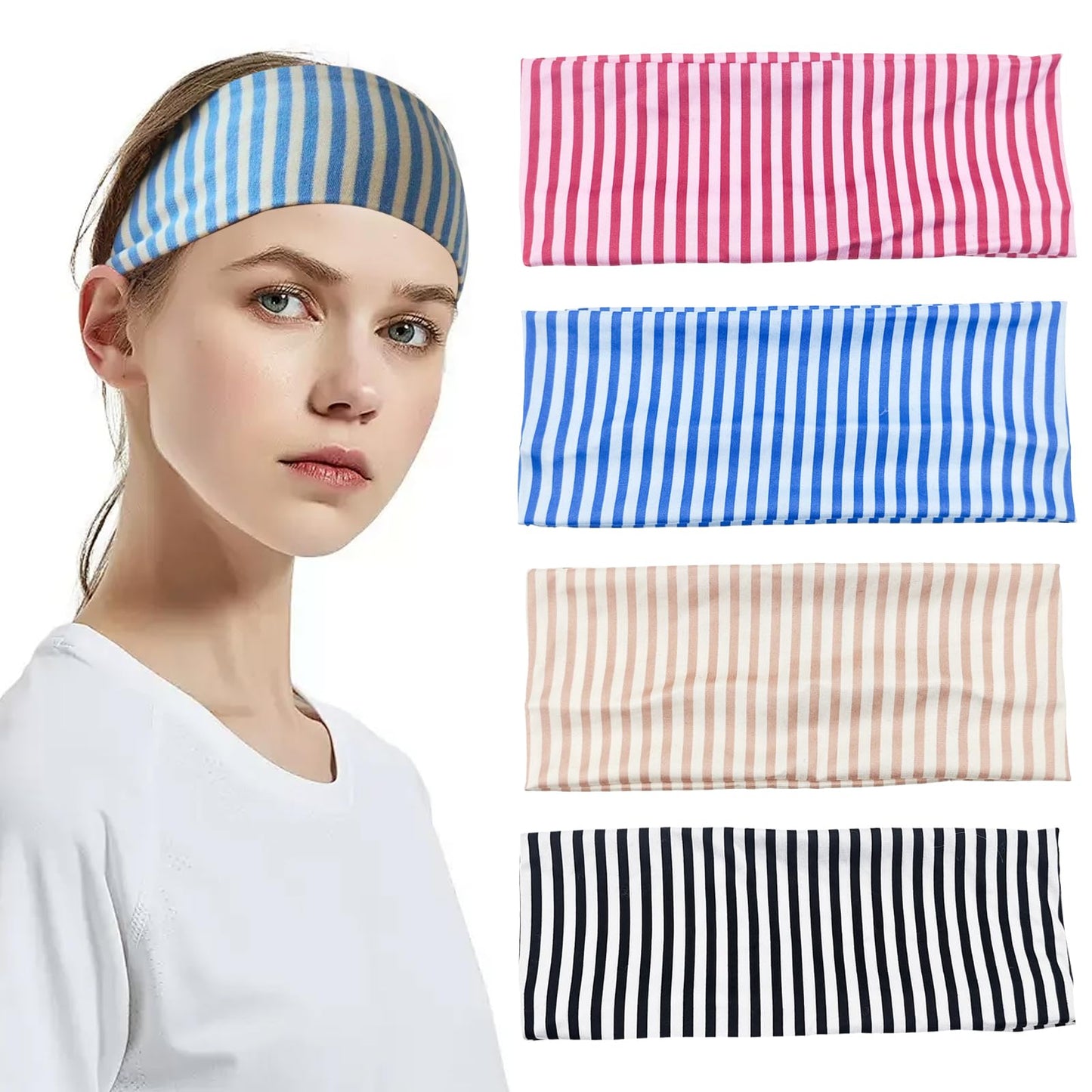 Arvintas 4PCS Striped Headbands for Women - Non-Slip Cotton Cloth Wide Elastic Stretchy Fashion Head Bands, Soft Fabric Hair Accessories for Yoga, Running, Workout