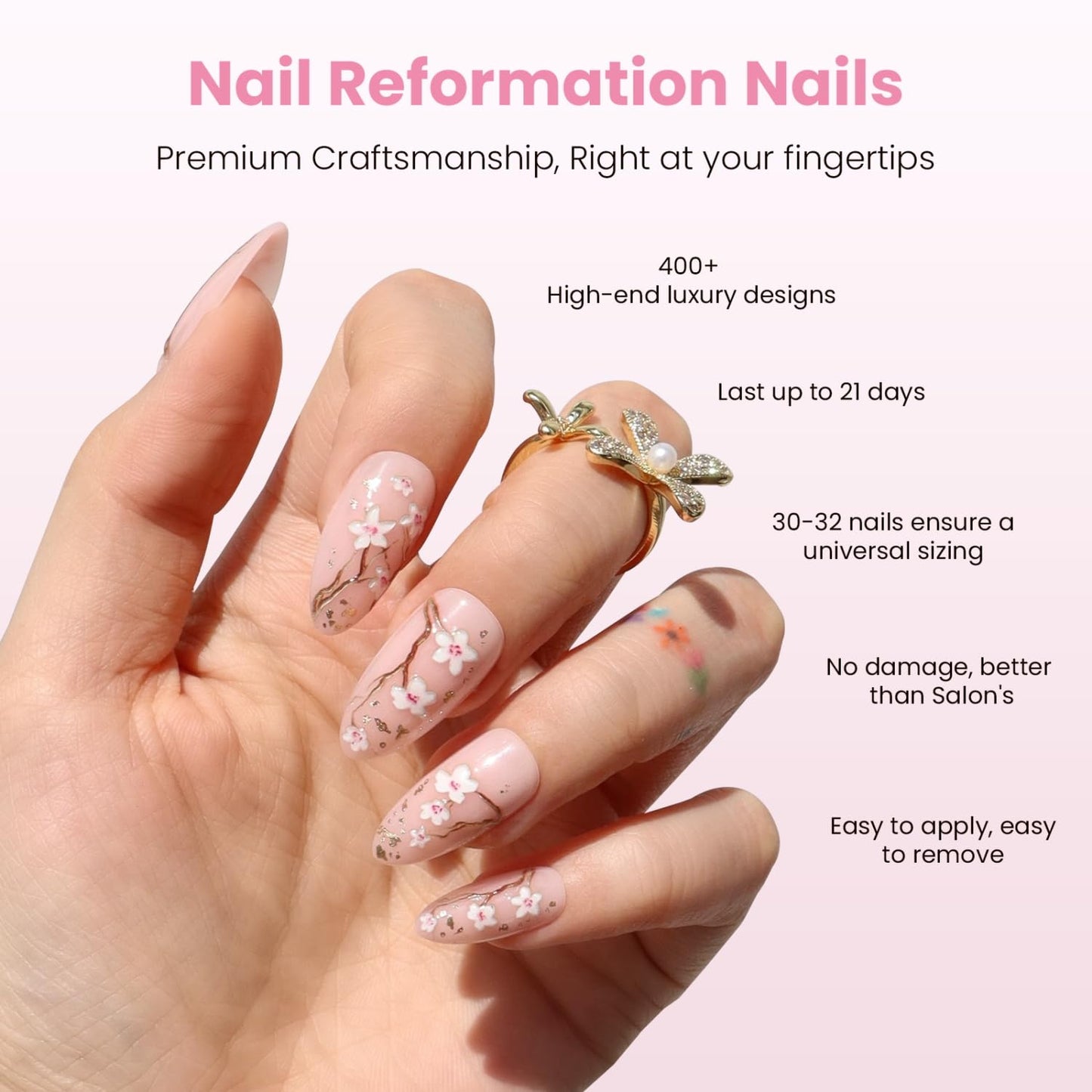 Press On Nails - Floral Medium Almond Sakura Design | Reusable Salon Quality Fake Nails with Gold Flecks - 30 Nail Kit in 15 Sizes