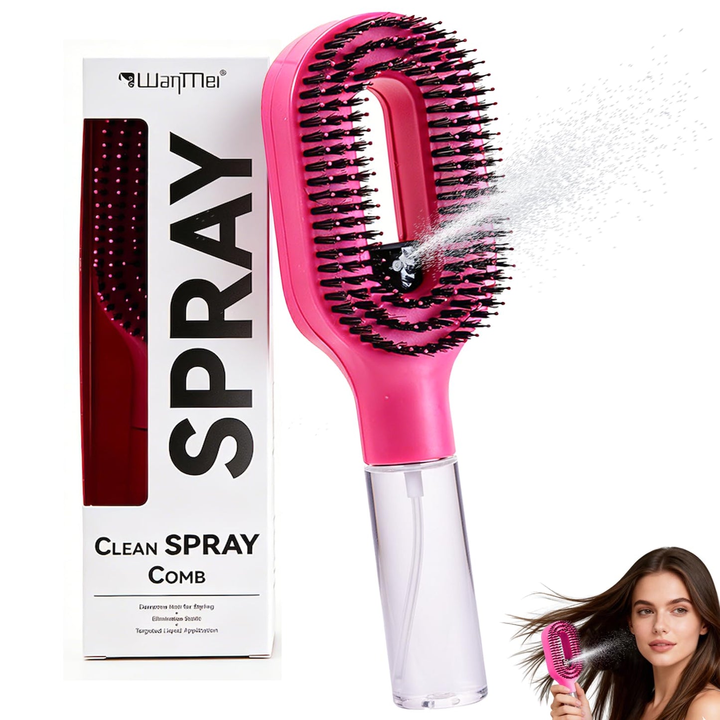 Hair Brush with Water Spray, 2-in-1 Detangling Tool for Frizz Control, Works on Wet & Dry Strands, Portable Mist Comb for Thick, Curly & Fine Textures(1 Rose Pink)