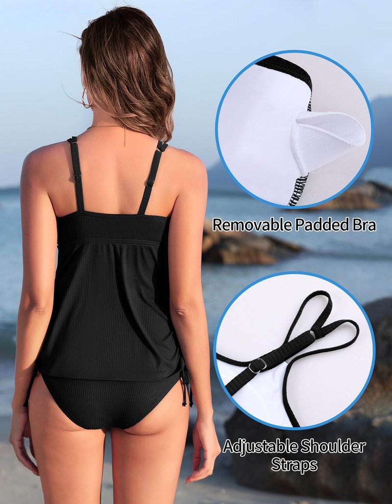 ANFILIA Two Piece Tankini Swimsuits for Women Ribbed Drawstring Tankini Top with Bottom Tummy Control Bathing Suit