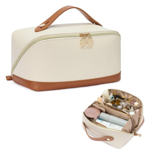 Telena Leather Make Up Bag Portable Travel Makeup Bag Waterproof Cosmetic Bags for Women Large Capacity With Handle and Divider Open Lay Flat