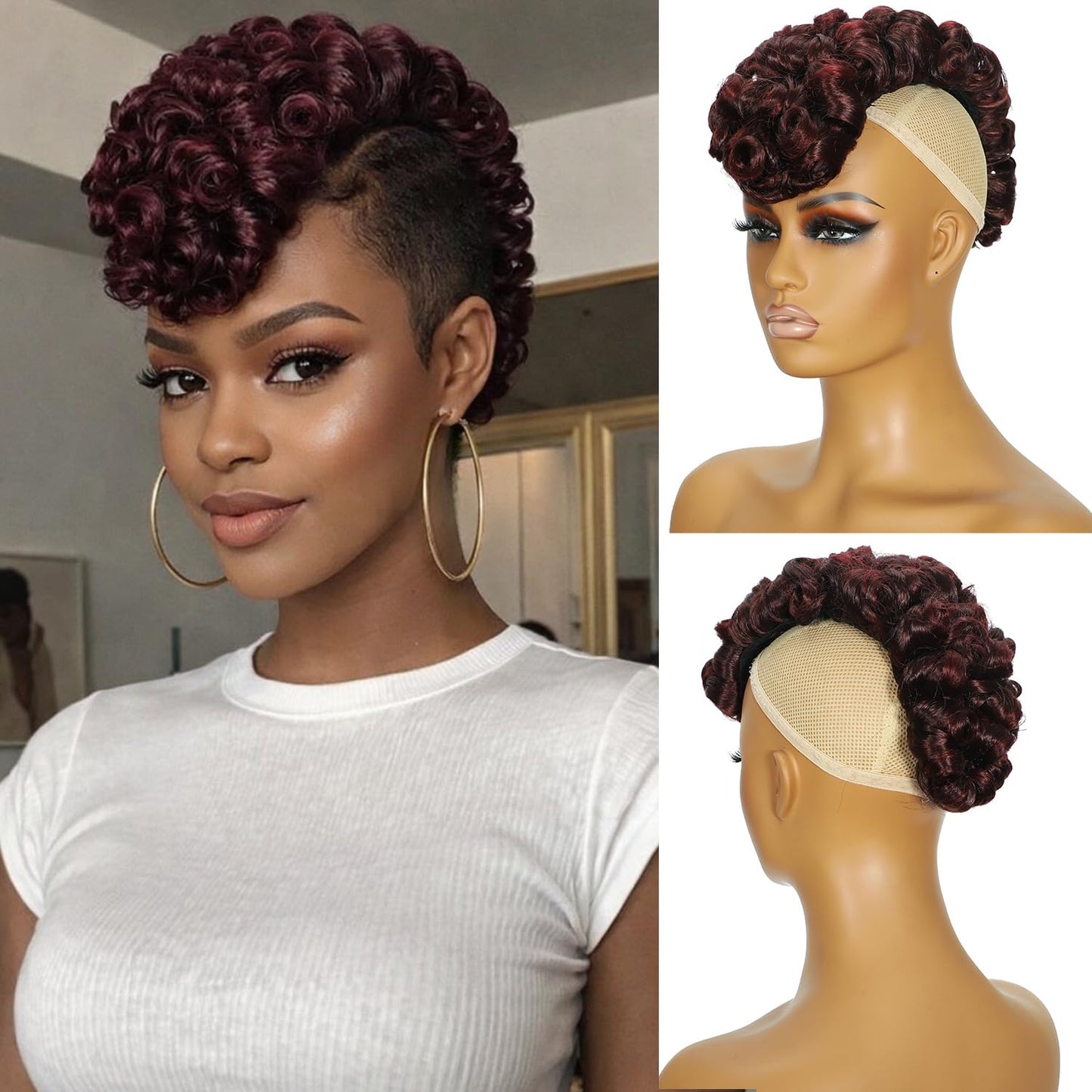 Kinky Curly Mohawk Wig - Natural Black & Brown Blonde Ponytail Extension | Short Synthetic Clip-In with Bangs & Fluffy Hair for Parties
