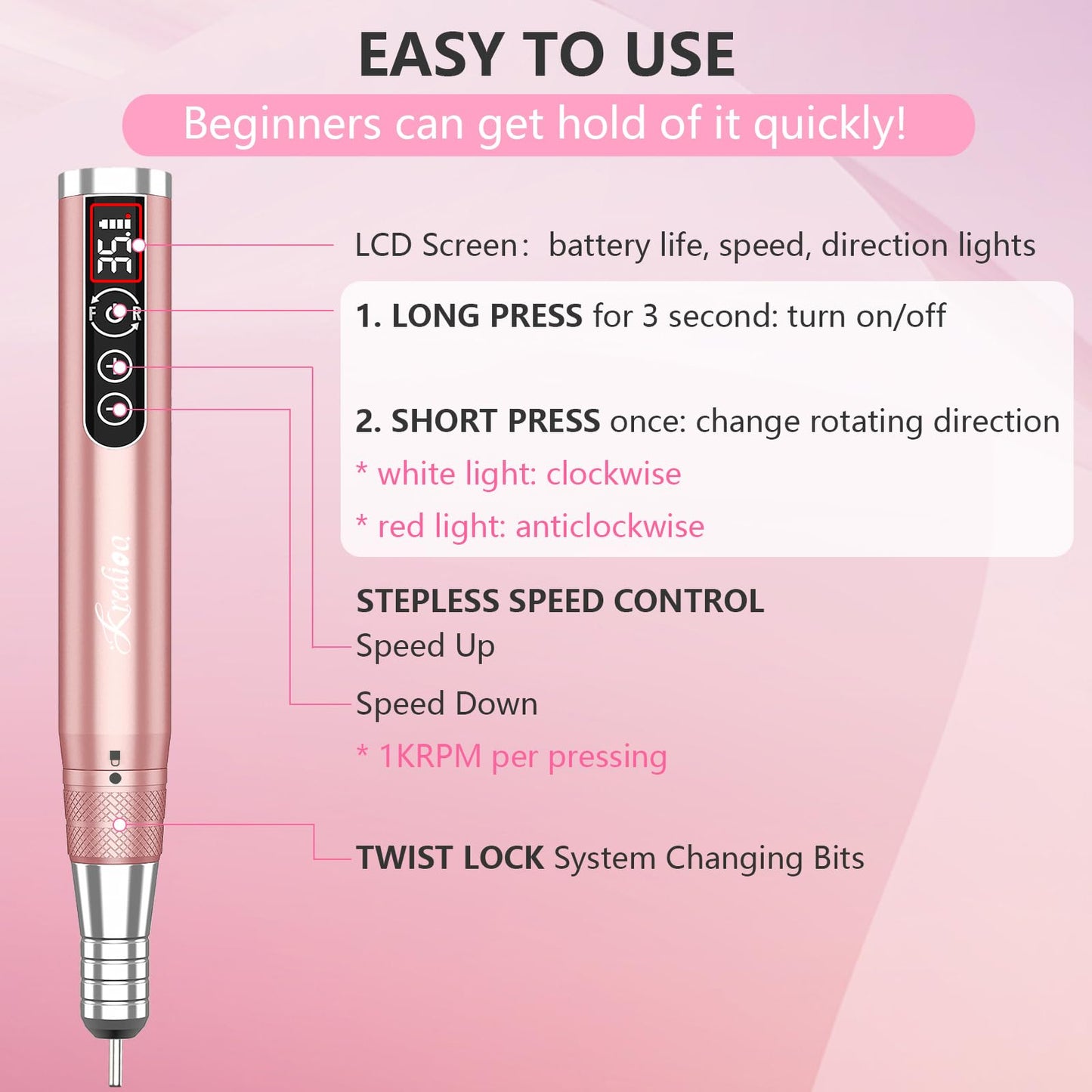 Kredioo Cordless Nail Drill 35000RPM Professional Electric File with Portable Travel Case for Home and Salon Nails Manicure Pedicure