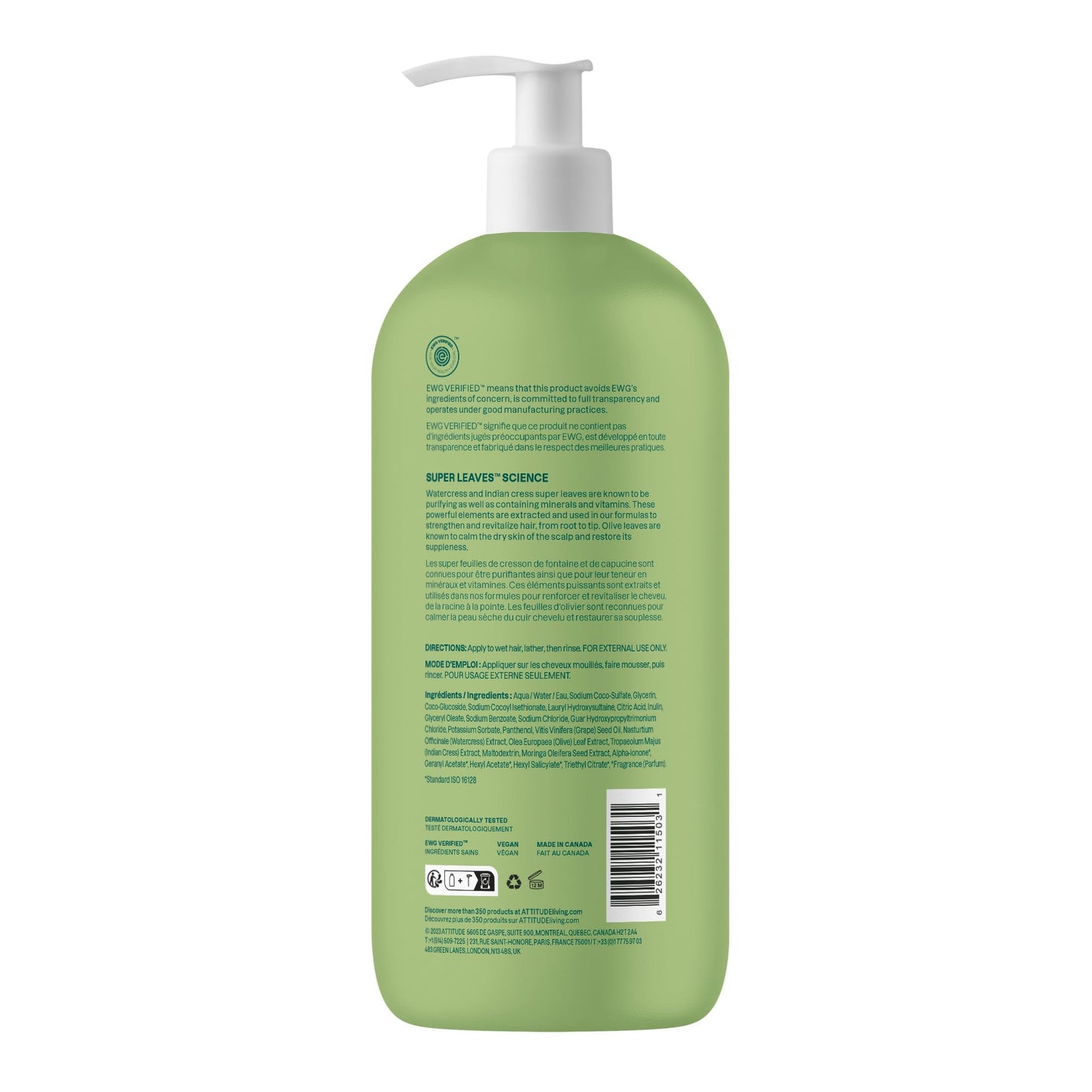ATTITUDE Nourishing Hair Shampoo, EWG Verified, For Dry and Damaged Hair, Naturally Derived Ingredients, Vegan and Plant Based, Grapeseed Oil and Olive Leaves, 32 Fl Oz