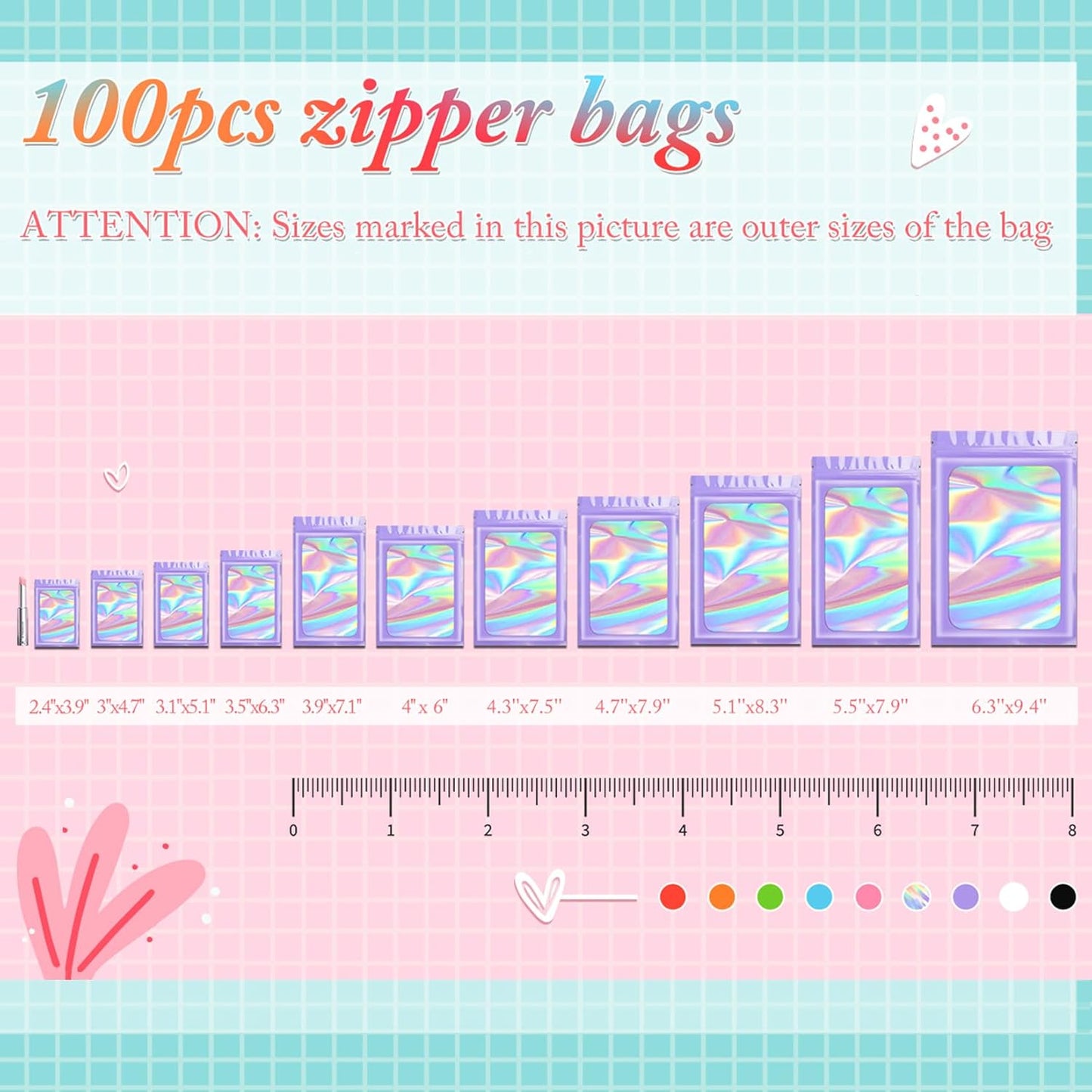 Purple Smell Proof Mylar Holographic Bags - 100 Pcs Resealable Odor Proof Foil Pouches for Food Storage | 2.4x3.9 In