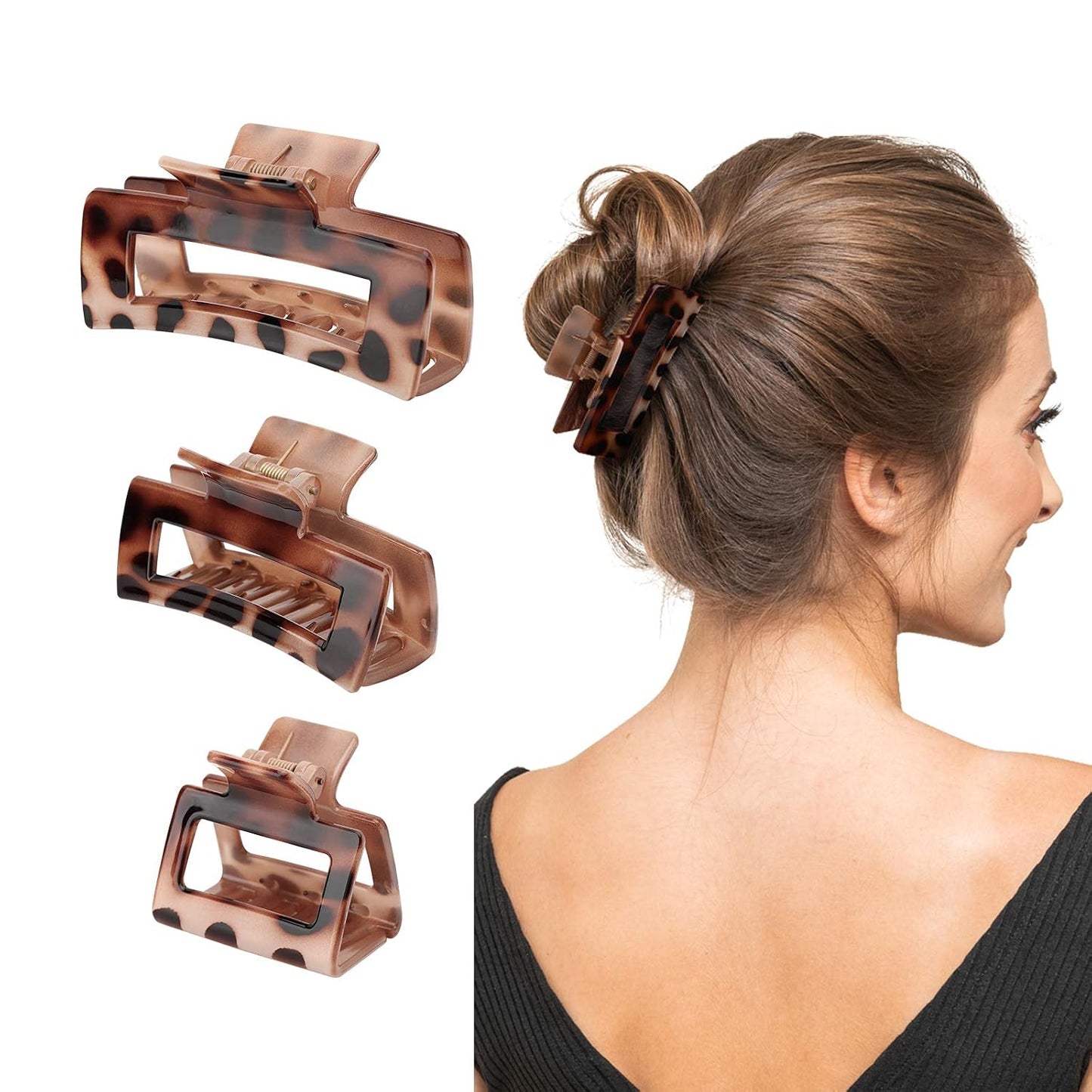 Leopard Print Hair Claw Clips - 3 Strong Hold Jaw Clips for Thick Hair | Coffee Color