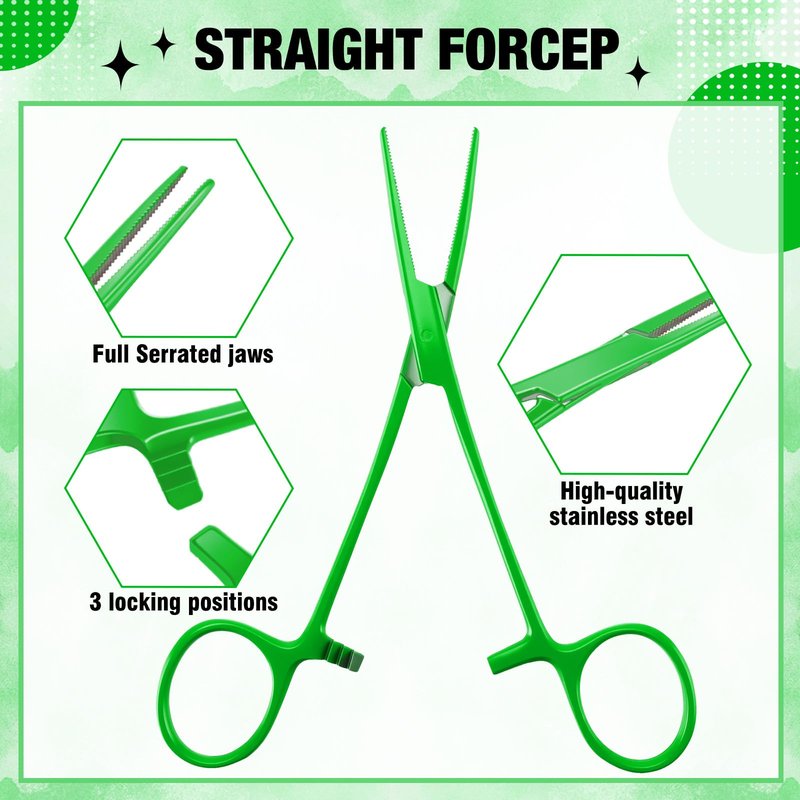 BBTO Hemostat Curved and Straight Hemostat Forceps Piercing Pliers Forceps, Stainless Steel Straight and Curved Pliers, Fishing Tweezer(Green,2 Pcs)