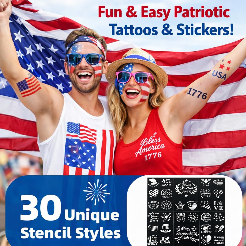 Oiomniv Red White Blue Face Paint Kit for Kids & Adults, Patriotic Face Paint with Glitter, 30 Stencils, Water-Based USA Flag Face Paint for 4th of July, Independence Day, Sports, Parties