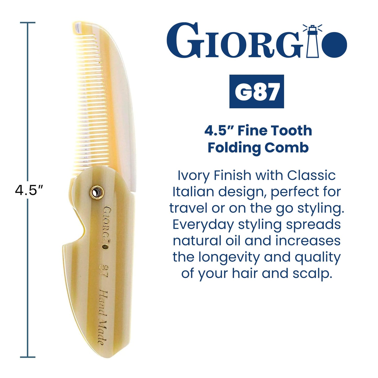 Giorgio G87 Folding Mustache and Beard Comb, Small Pocket Comb for Men Everyday Grooming and Hair Care. Handmade, Saw-cut and Hand Polished Styling Men's Folding Combs. Ivory 4.5 Inch
