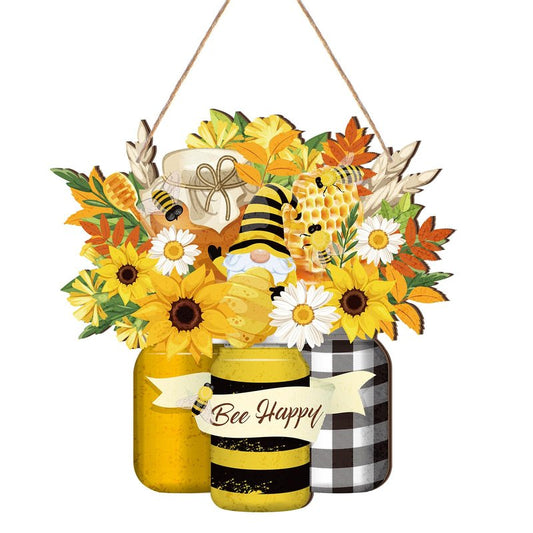Bee Welcome Sign Wooden Yellow Bee Sign Bee Flower Gnome Wood Hanging Door Decor Farmhouse Porch Outdoor Front Door Decorations Supplies (Bee Style)