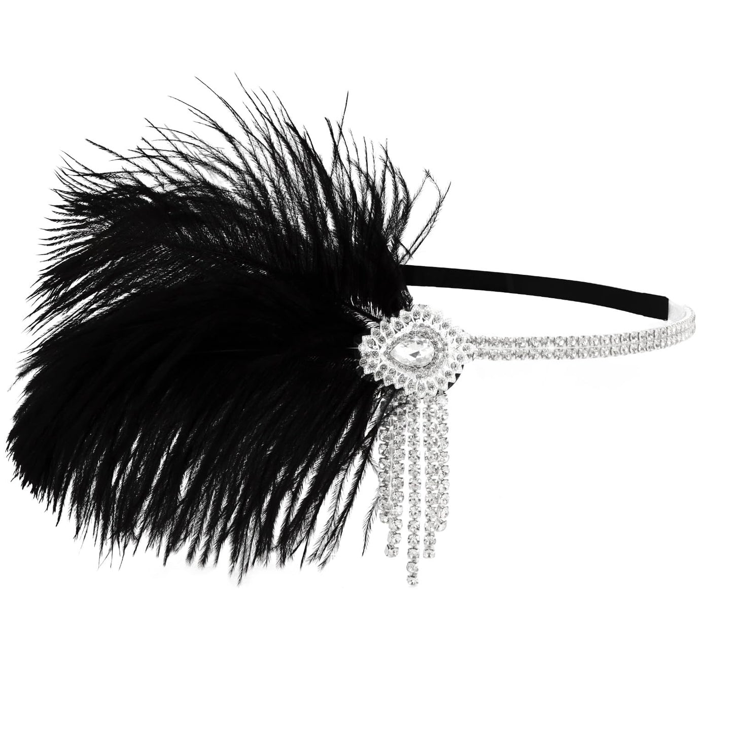 WHAVEL 1920s Flapper Feather Headband Gatsby Headpiece for Women Black Roaring 20s Flapper Inspired Leaf Medallion Crystal Headband Cocktail Party Prom Hair Decorations