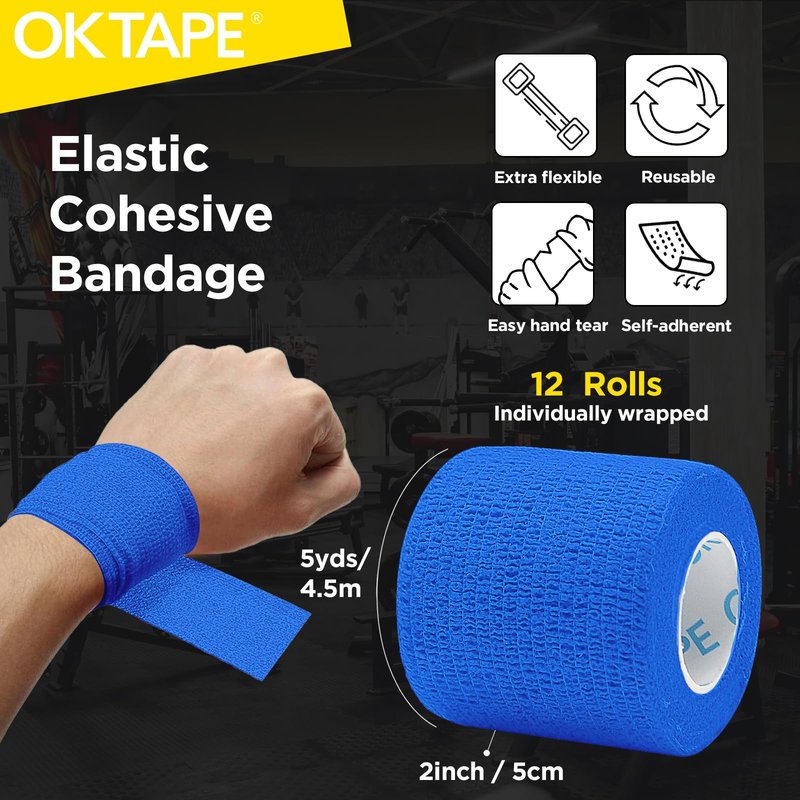 OK TAPE 12 Rolls Self Adhesive Bandage Wrap, Elastic Athletic Tape, Self Stick Bandage Tape, Vet Wrap, Medical Wrap for Wrist, Feet, 2" x 5 Yards - Blue