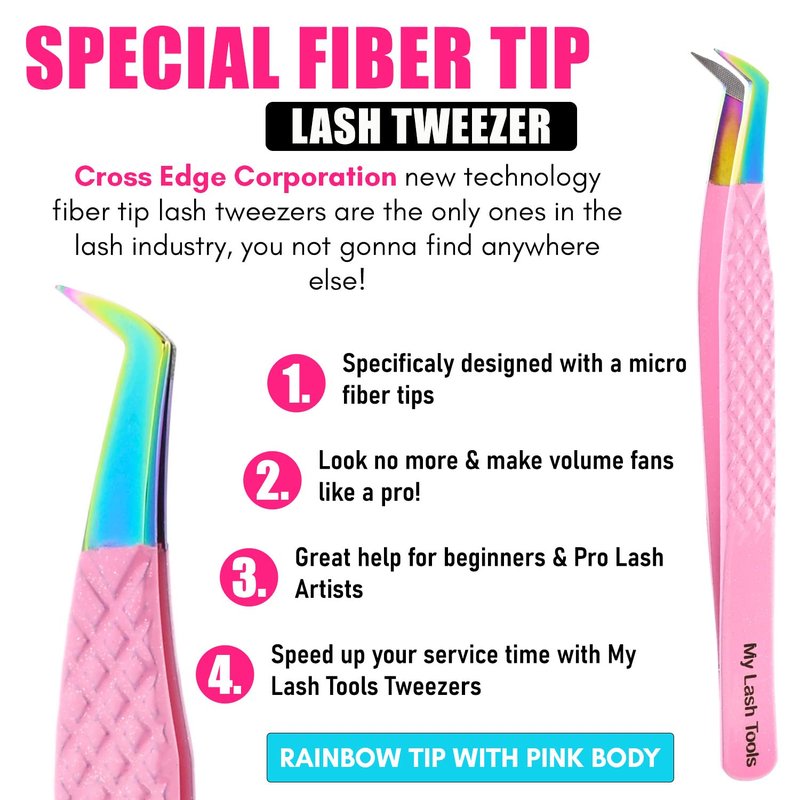 My Lash Tools Fiber Tip Lash Tweezers for Eyelash Extensions Professional Lash Tech Supplies Must Haves Volume Boot Eyelash Tweezers 12cm Stainless Steel Mink Fan Making Lashing Tweezer (Pink)