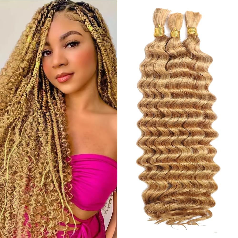 Human Braiding Hair for Boho Braids 150g 24 inch Deep Wave Human Bulk Hair for Braiding Knotless Wet ang Wavy Bulk Bohemain Curly 3 Bundles