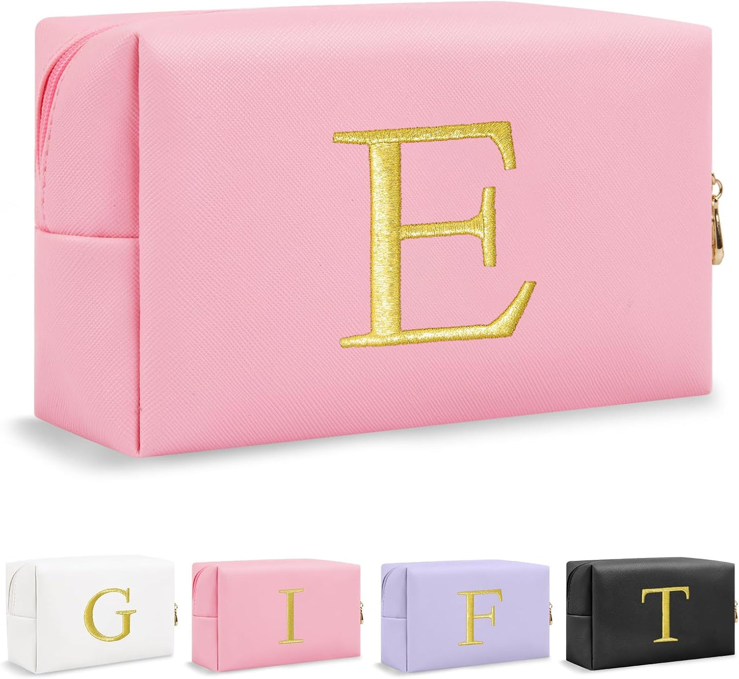 Personalized Initial Makeup Bag - Gold Embroidered Cosmetic Bag for Teens | Custom Travel Toiletry Bag (Black)