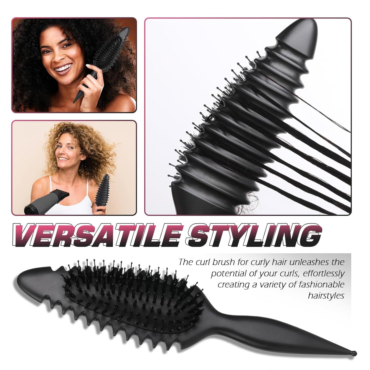 Curl Defining Brush for Curly Hair - Detangling & Styling Tool | Black