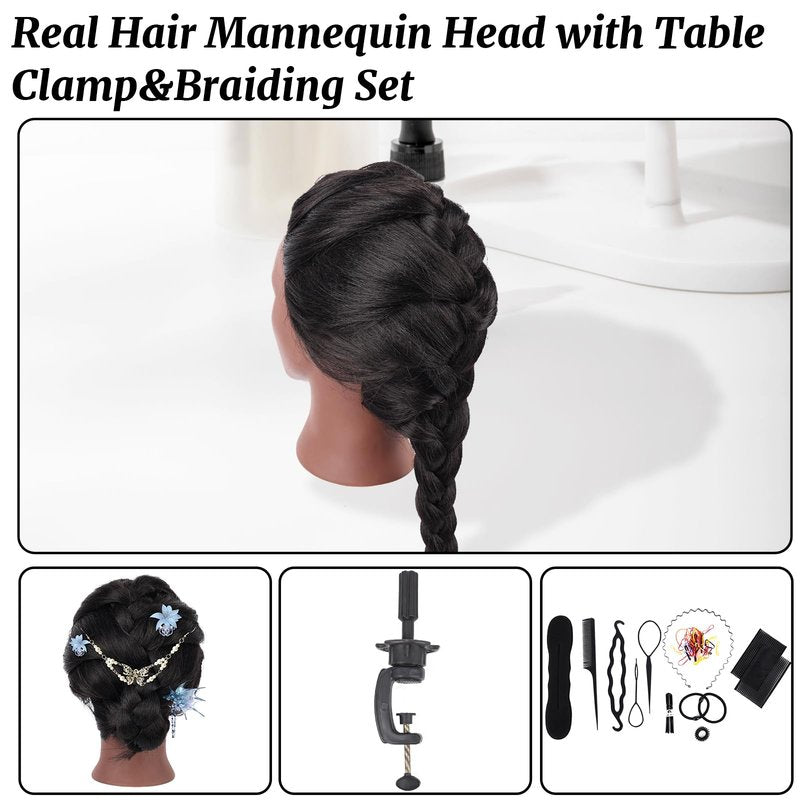 100% Real Hair Mannequin Head,TopDirect 26''Black Hairdresser Cosmetology Doll Head Styling,Manikin Heads Hairs Braiding DIY Styling with Clamp Holder and Tools Set