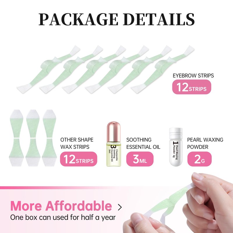 Beauty7 Hair Removal Kit, Eyebrow Wax Strips Kit Facial Wax Strips 24 Strips with Pearl Powder Essential Oil for Sensitive All Skin Types Women