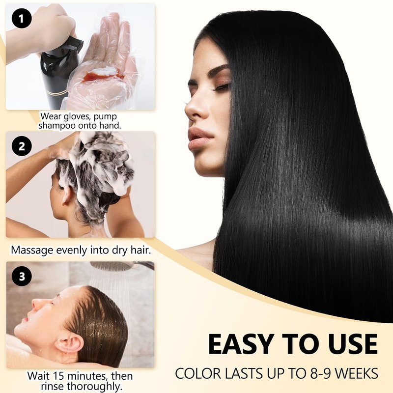 Black Hair Dye Shampoo - 3 In 1 Semi-Permanent Color for Gray Coverage | Natural Black with Argan Oil & Ginseng, 400ml