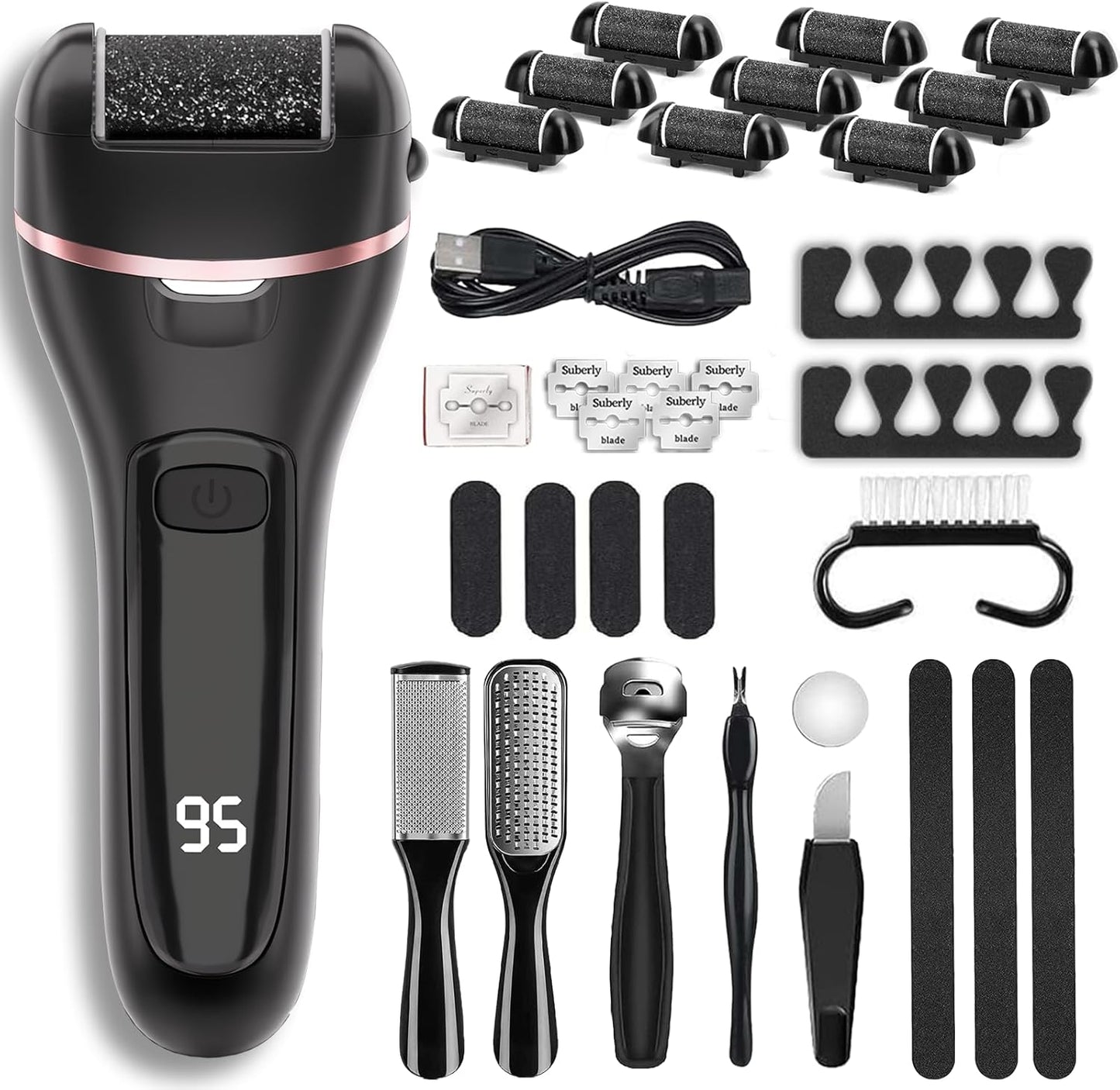 Electric Callus Remover - 3 Roller Heads, 2 Speed, Waterproof | Professional Pedicure Kit for Dry, Cracked Feet