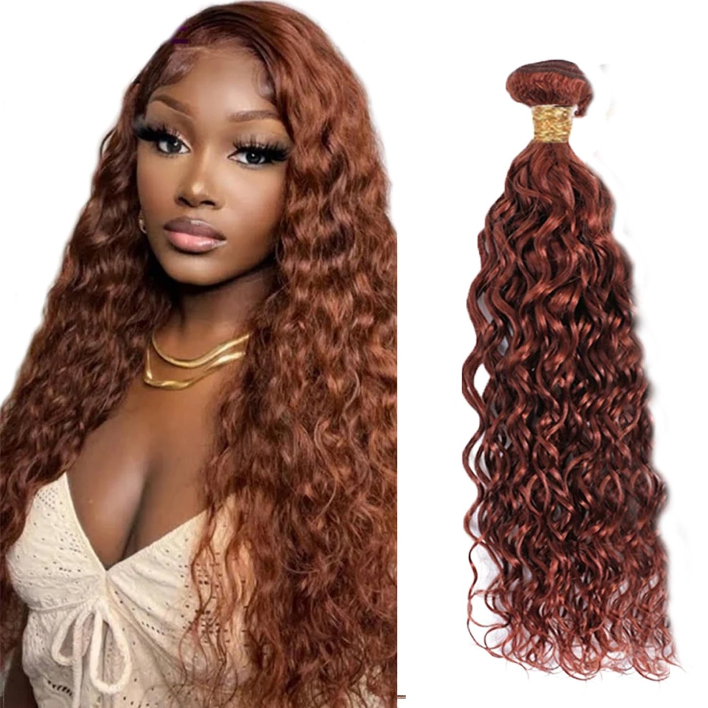 32 Inch Color 33 Water Wave Bundles Copper Red Human Hair Bundles Huxowax Peruvian Virgin Remy Hair Extensions Double Weft Auburn Wet and Wavy Bundle 50g