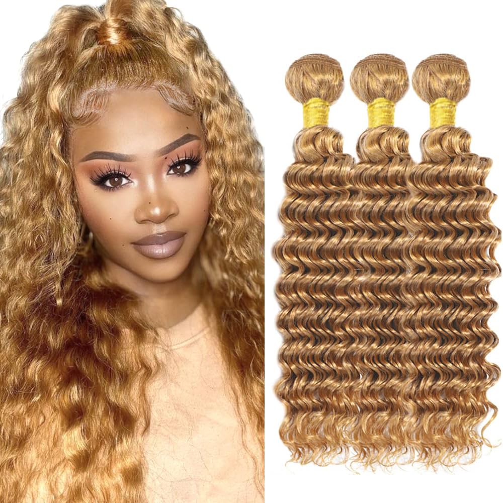 26 28 30 Inch Honey Blonde Deep Wave Bundles Color 27 Bundle Human Hair 3 Bundles Peruvian Virgin Hair Double Weft Hair Weave For Women