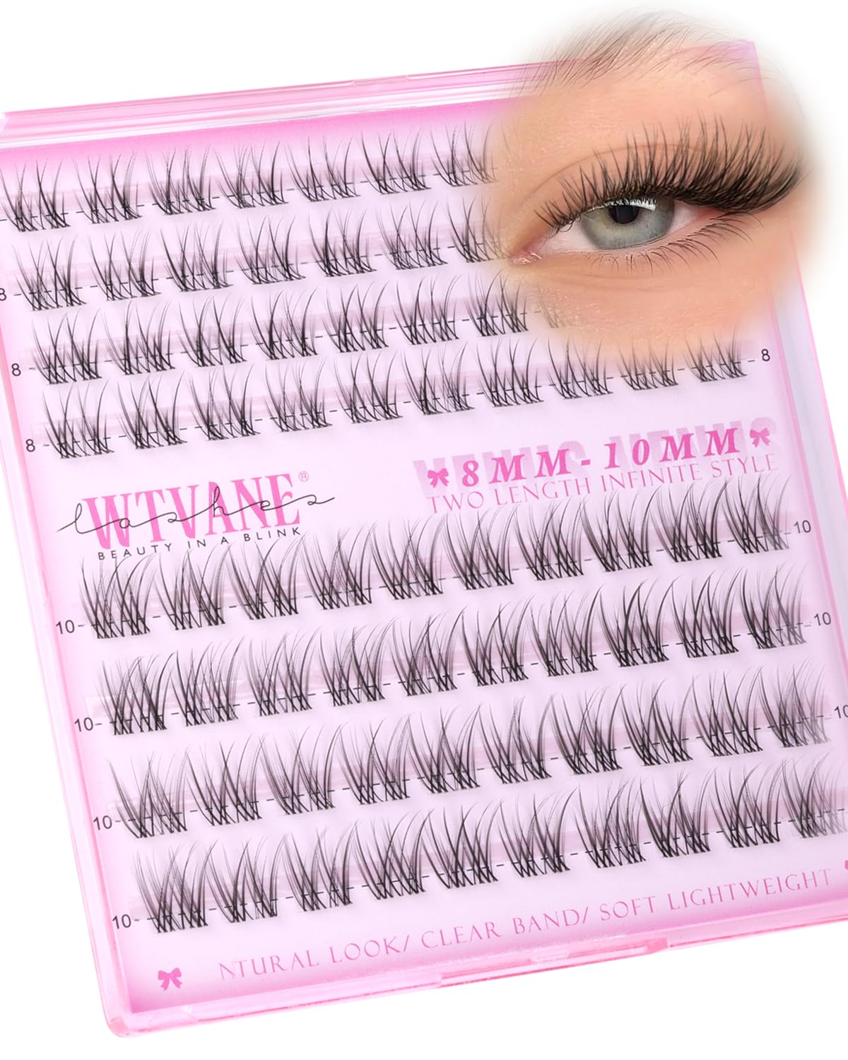 Natural Wispy Lash Clusters - Short Eyelash Extensions 8-10mm | Soft Clear Band, C-Curl, Glasses Friendly