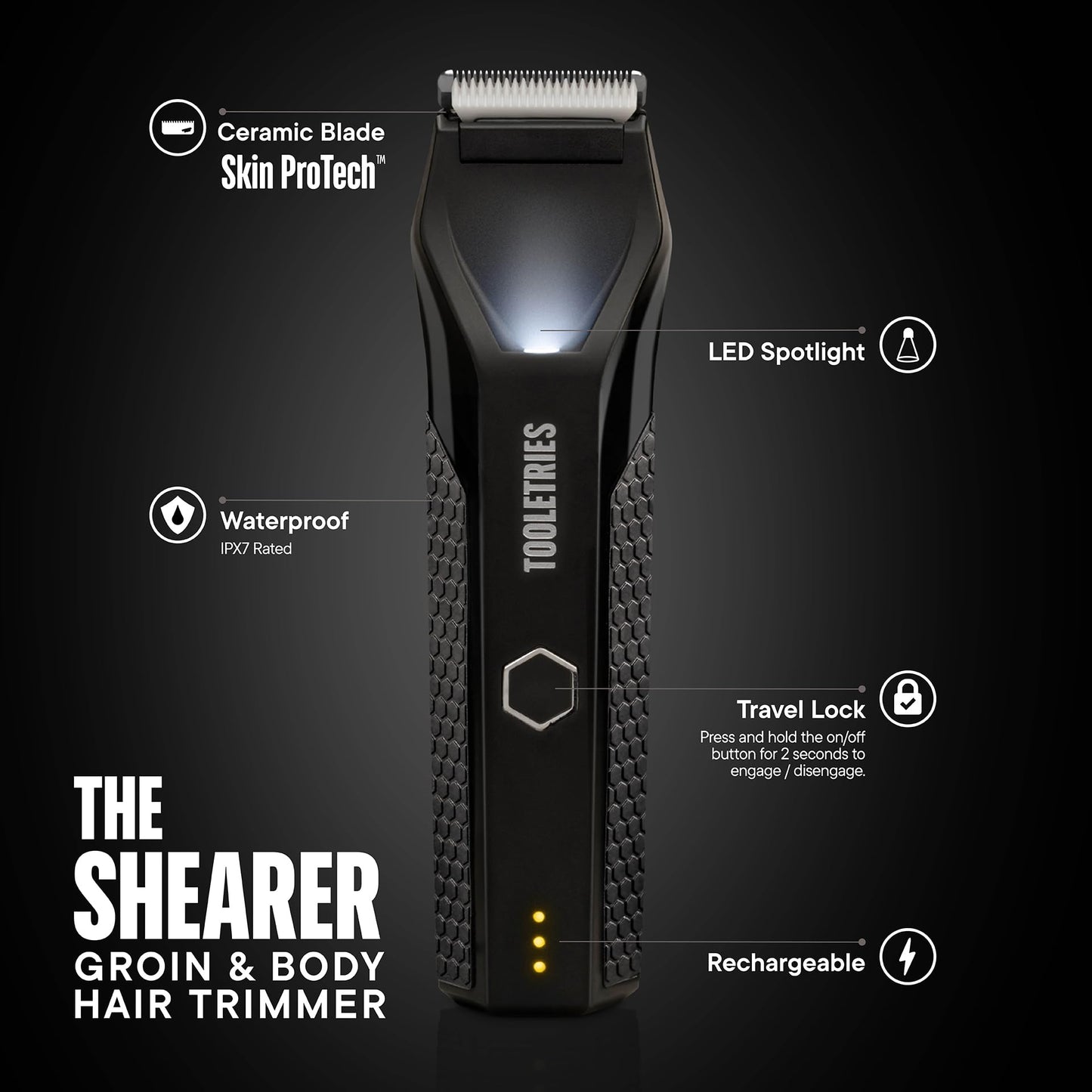 TOOLETRIES The Shearer Groin Trimmer & Body Groomer with Accessories Set, Men’s Waterproof Pubic Hair & Ball Trimmer, Rechargeable Wet/Dry Electric Shaver for Chest, Legs & Sensitive Areas - Black