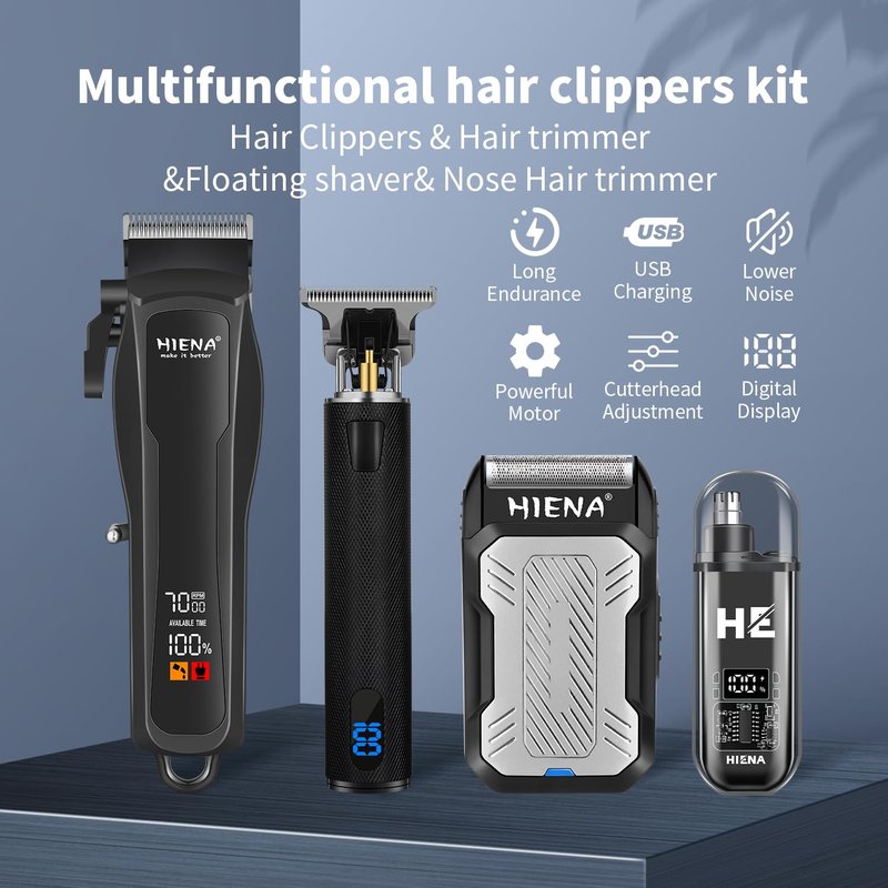 HIENA PRO Cordless Hair Clippers for Men, Professional Barber Kit - Beard Trimmer, Aluminum Foil Shaver, Nose Trimmer, 10 Limit Combs - Fast Charge, Smart LED Display (Clippers/Trimmer)