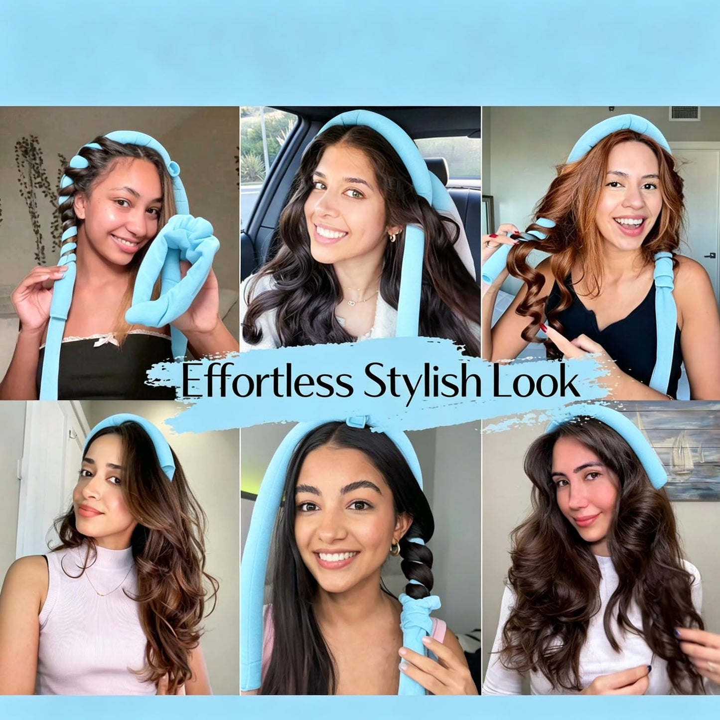 No Heatless Overnight Curle Headband, 70-inch long hair rollers soft silk ribbon, curling iron 6-piece curling wand set, comfortable soft iron, can be used while sleeping sleepy tie