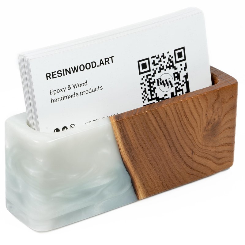 RWA Business Card Holder – Luxury Square Desk Organizer, Stylish Office Decor, Slim Card Holders - Wood & Epoxy Card Display Stand for Men and Women, Office Desk Accessories - SMART, platinum