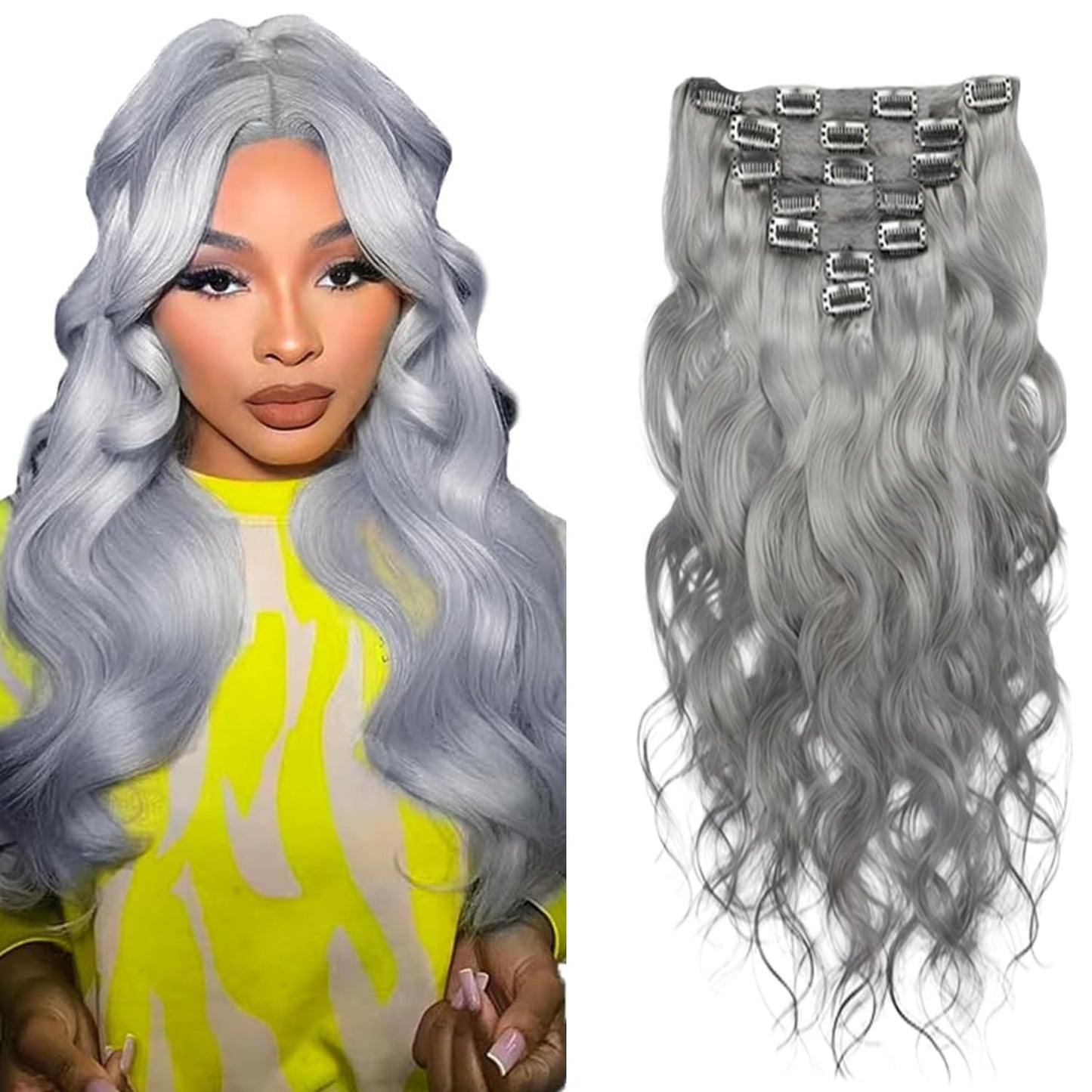 Grey Long Wave Clip in Hair Extensions Real Human Hair, 20 Inch 120g/7Pcs,Full Shine Remy Human Hair,Natural Grey Clip ins Brazilian Virgin Human Hair Extensions